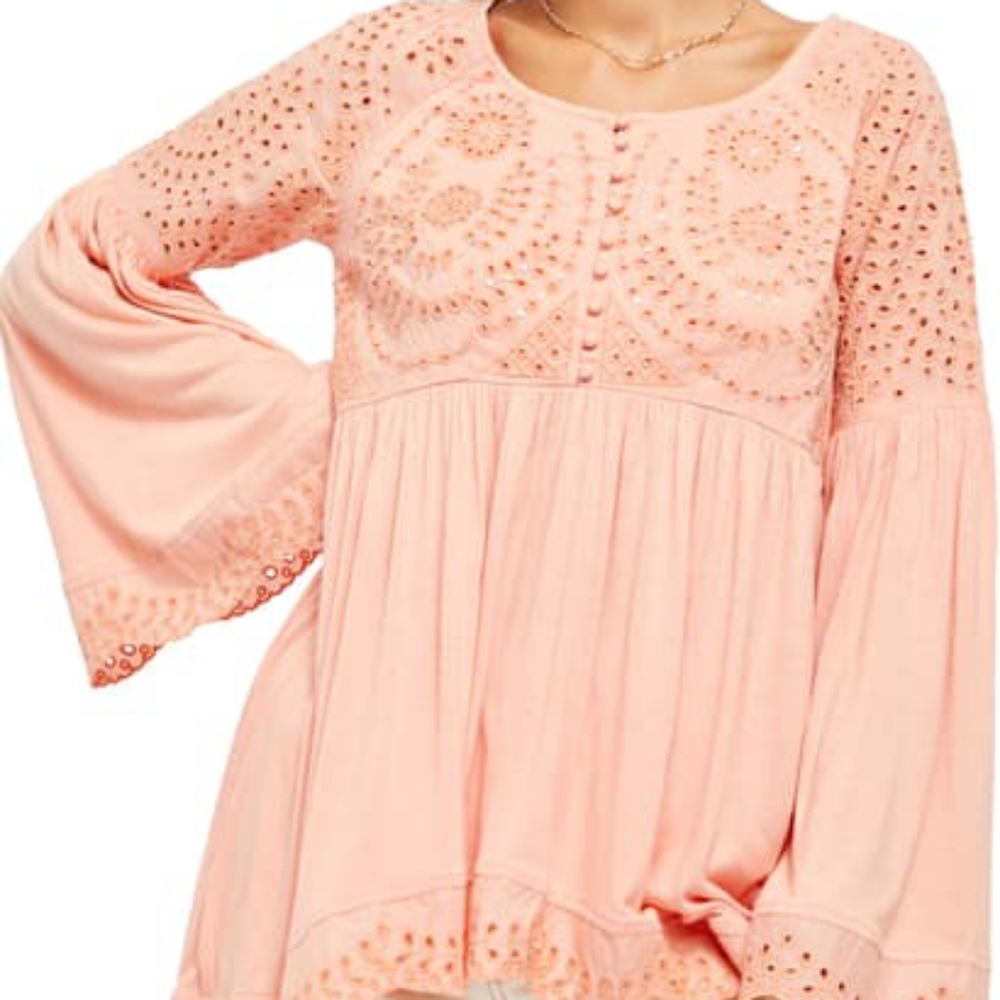Free People Peach Eyelet Peasant Blouse